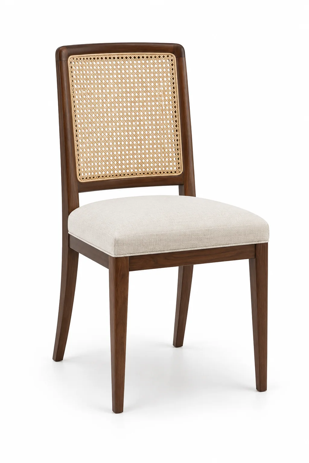 Cane-back dining chair with a walnut frame and ivory seat