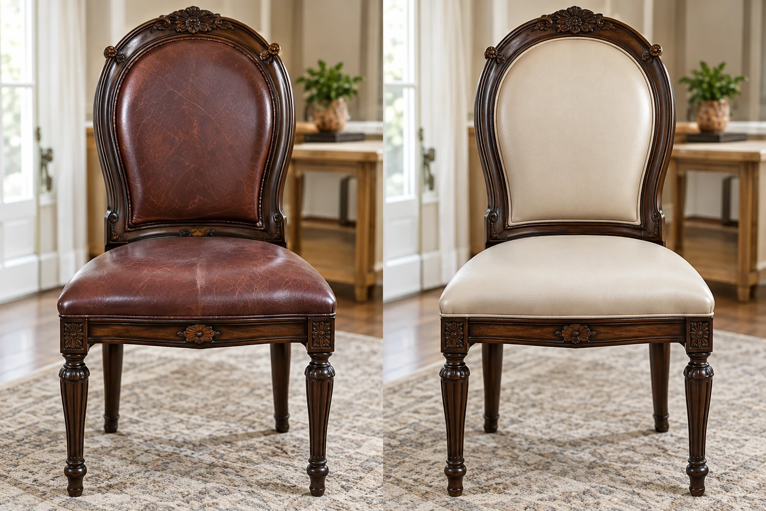 A carved dining chair with an upholstered back shown twice: worn burgundy leather on the left, the same chair recovered in cream leather on the right