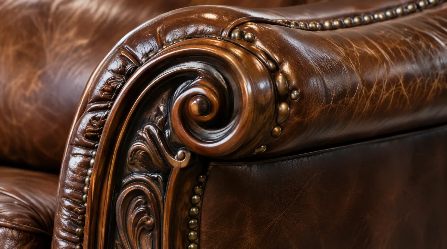 Carved scroll arm on a leather chair