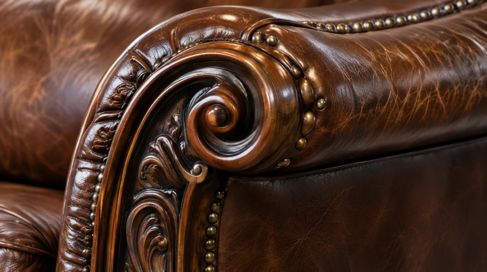 Carved scroll arm on a leather armchair