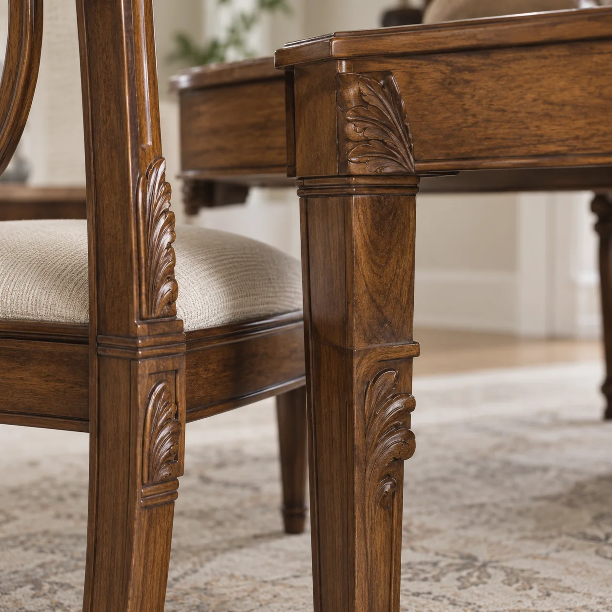 Carved walnut frame detail on a dining set