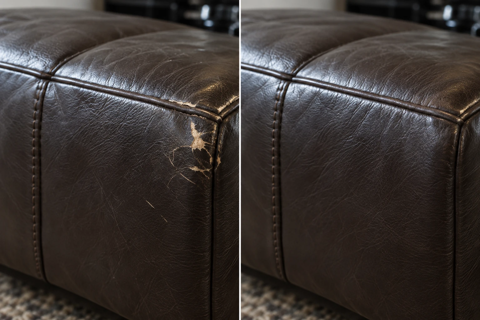 Brown leather corner gouged open to the pale fibres, then filled and re-coloured