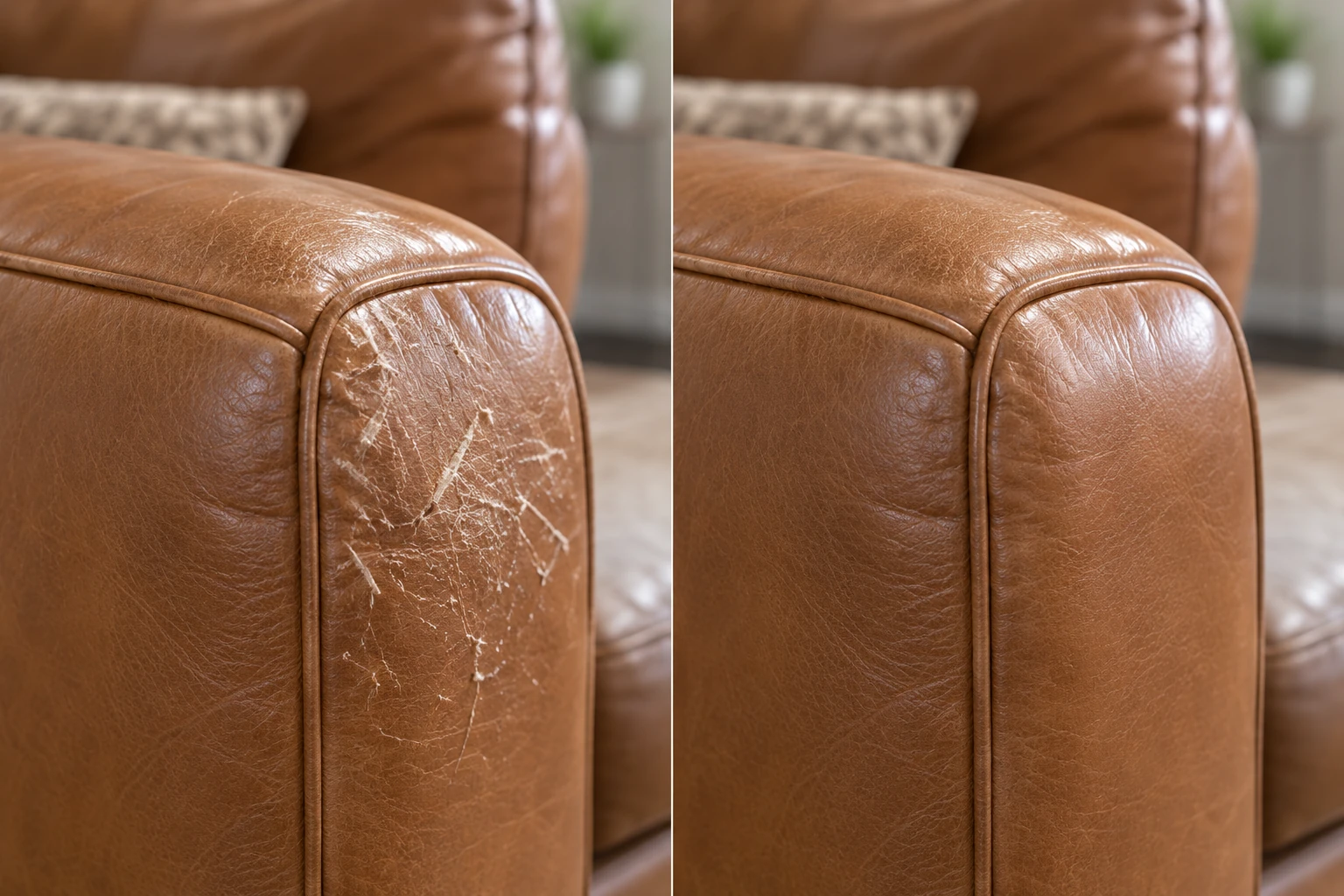 Caramel sofa arm with dense claw marks, then a smooth unmarked panel