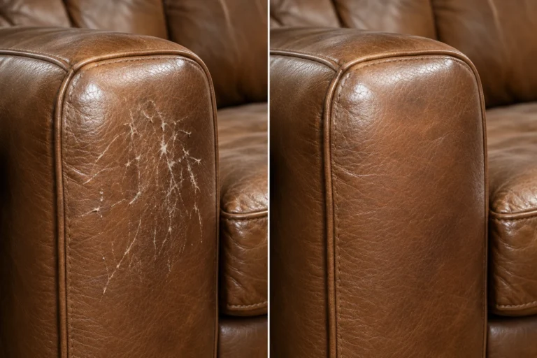 Cognac armchair arm before and after leather scratch repair