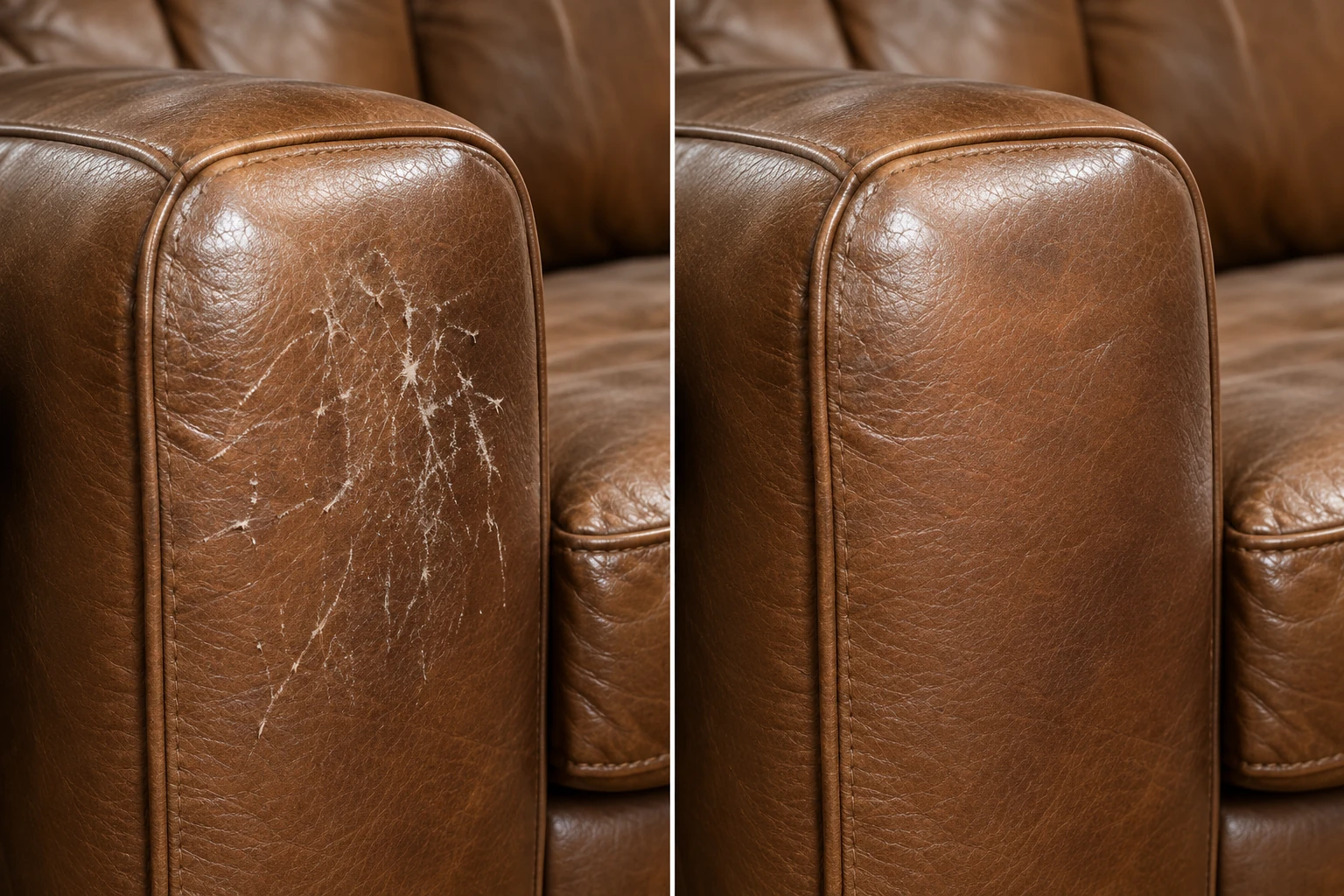 Cognac armchair arm with radiating claw scratches, then the same arm clean and even