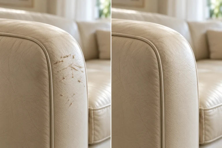 Cream sofa arm before and after leather scratch repair