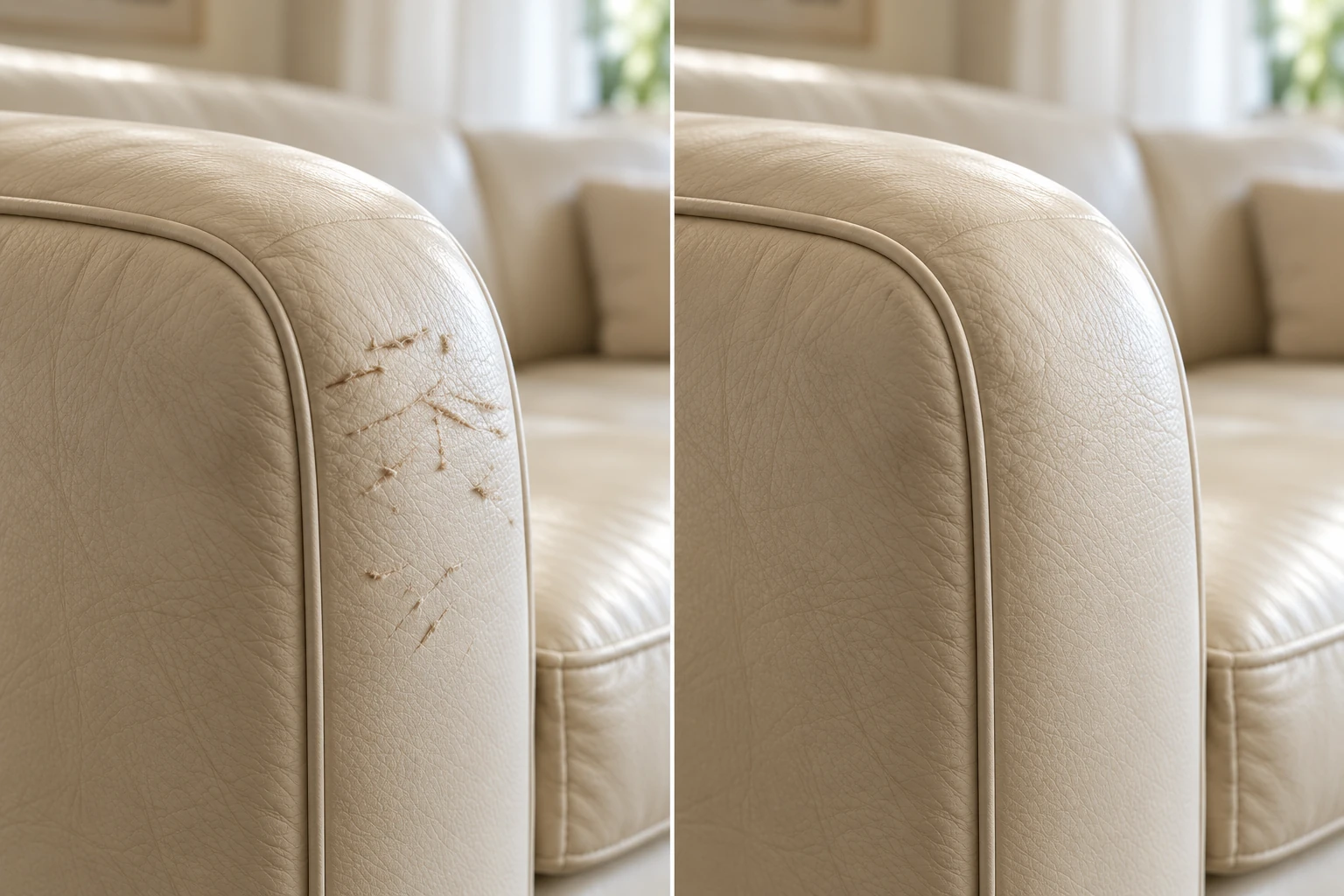 Cream sofa arm marked with claw punctures, then restored to a clean roll