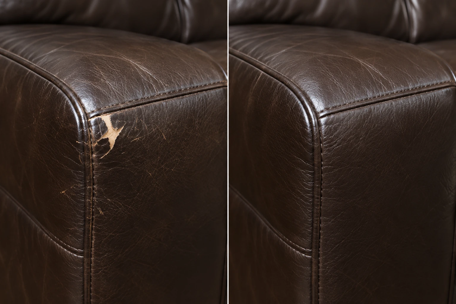 Dark brown sofa arm with a lifted tear flap, then closed and levelled flush
