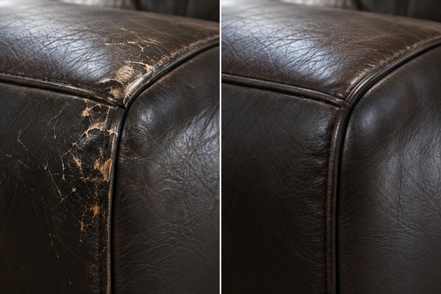 Espresso sofa corner flaking away in pale patches, then rebuilt and re-coloured