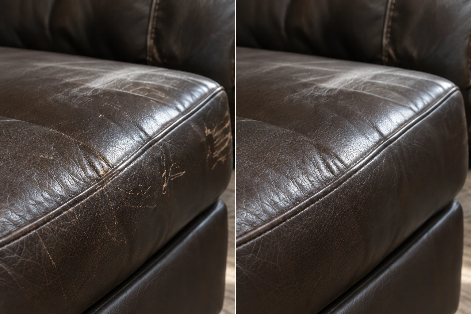 Espresso sofa arm and cushion covered in drag scratches, then evened out