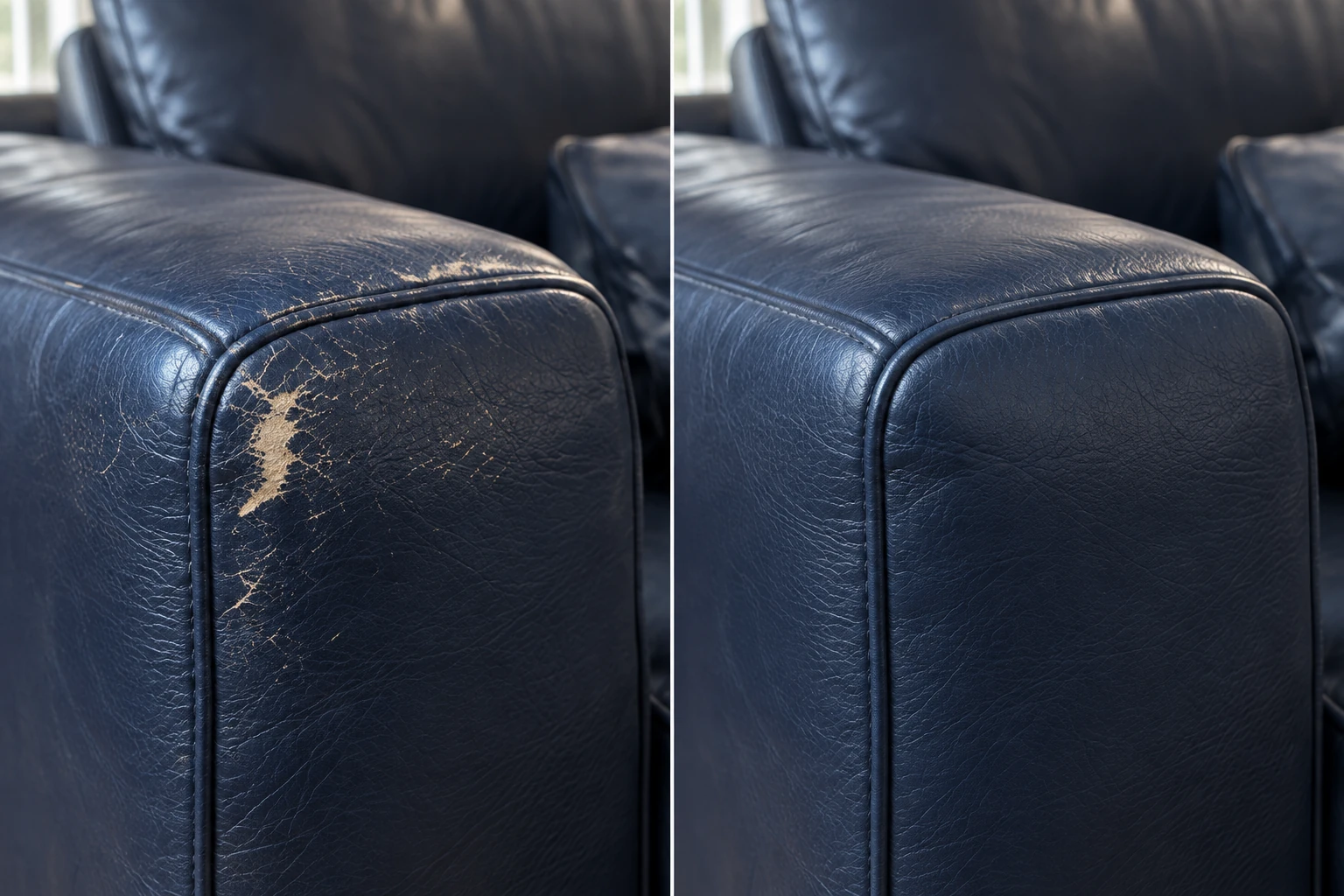Navy sofa arm torn open to a pale patch, then filled and re-coloured navy