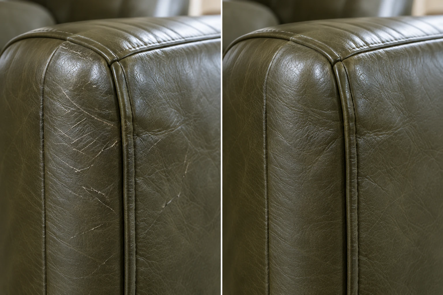 Olive green sofa arm raked with pale claw lines, then matched back to green