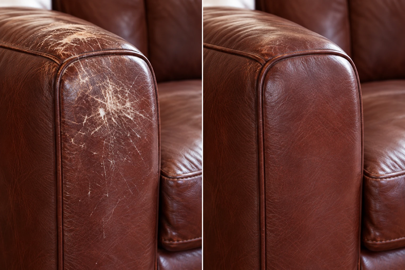 Oxblood armchair arm with a starburst of claw scratches, then re-coloured clean