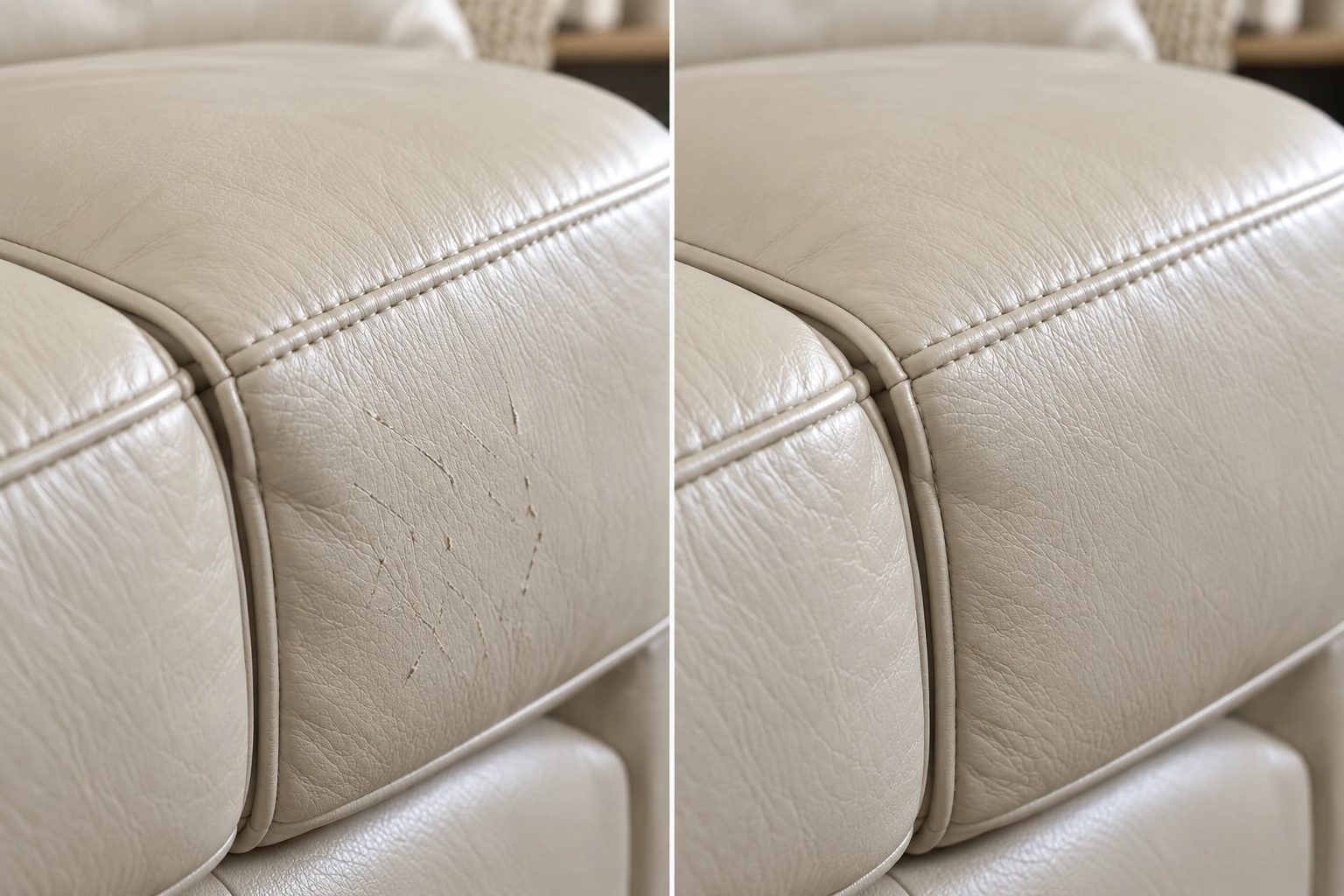 Stone grey sofa arm with fine scratch marks, then a clean flat panel