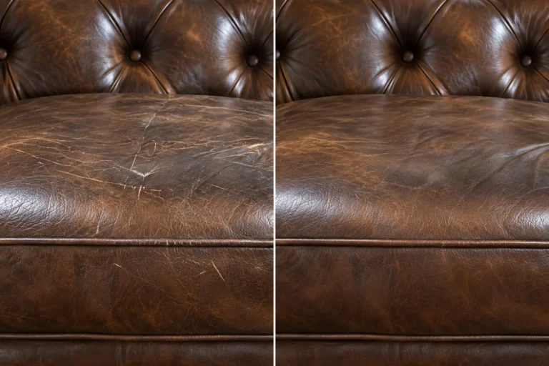 Tufted brown seat before and after leather scratch repair