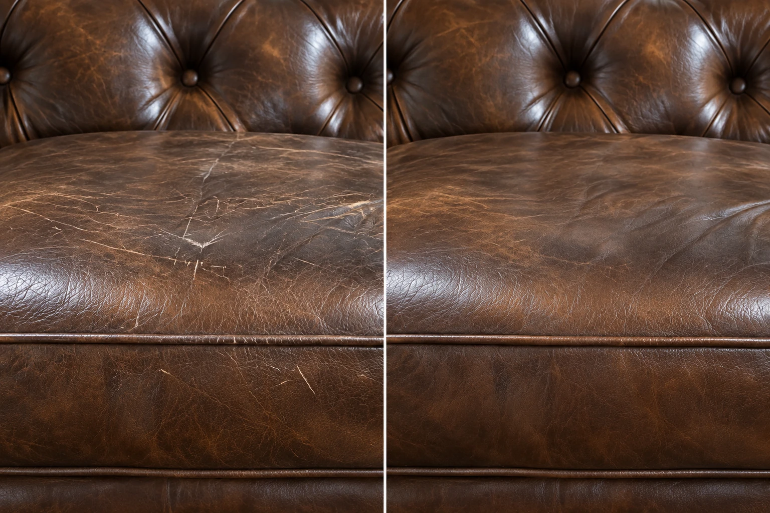 Buttoned brown sofa seat scored with claw marks, then restored across the cushion