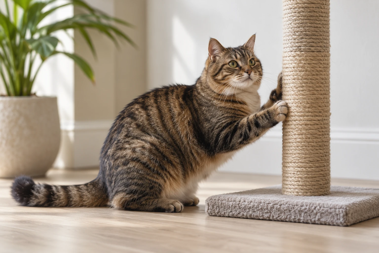Tabby cat stretching up against a sisal scratching post next to a plant