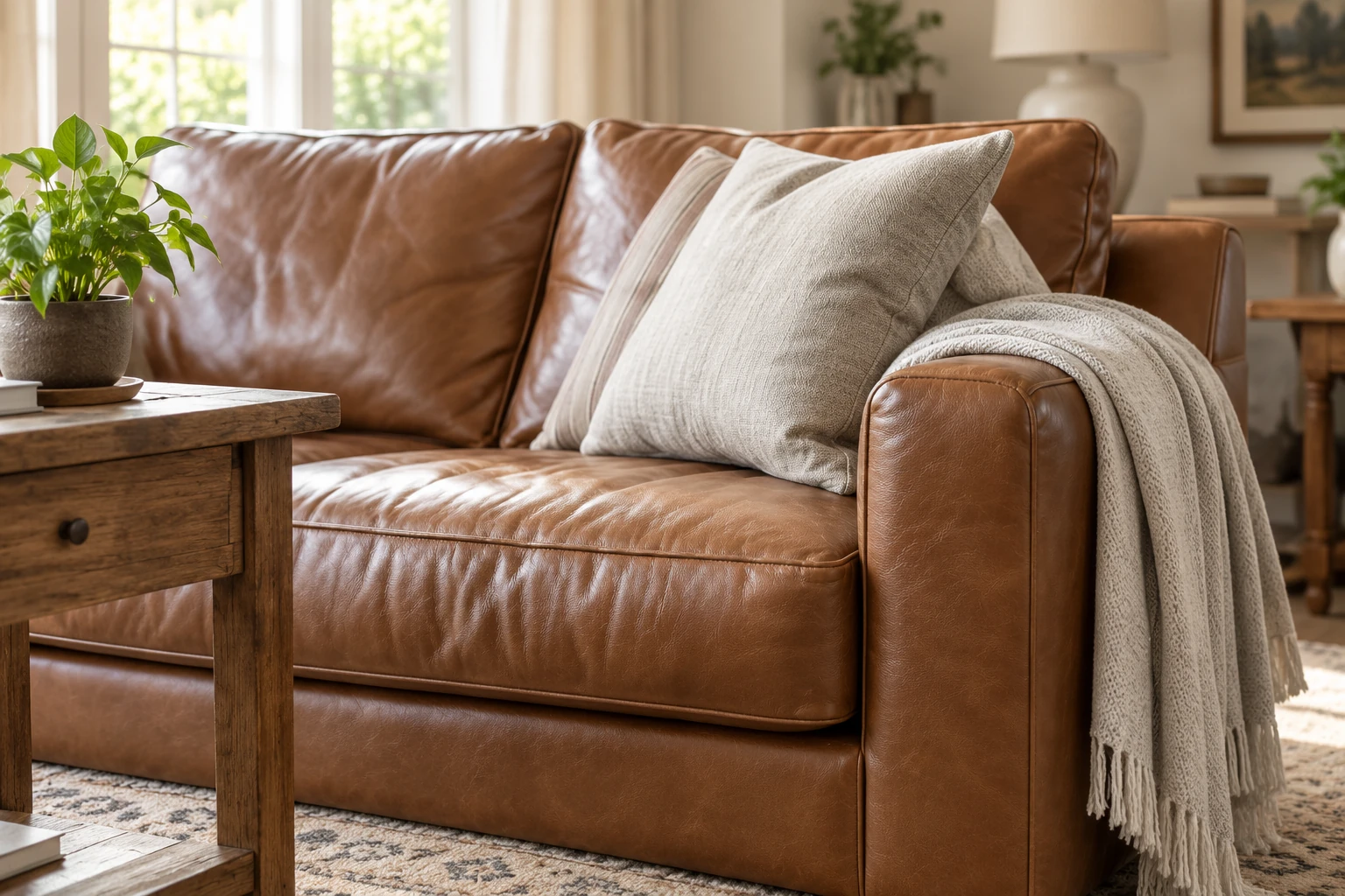 Tan leather sofa in a bright living room with a woven throw draped over the arm