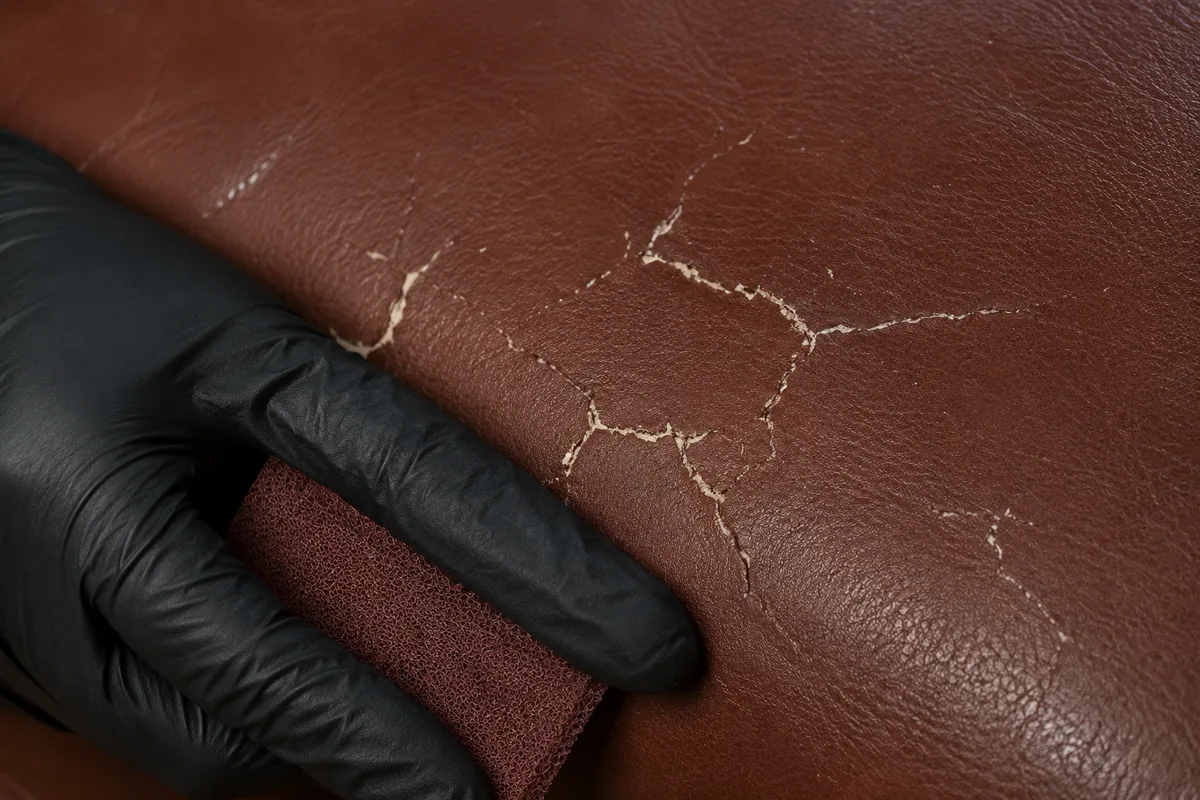 Gloved hand working an abrasive pad across claw marks where the leather fibre has lifted