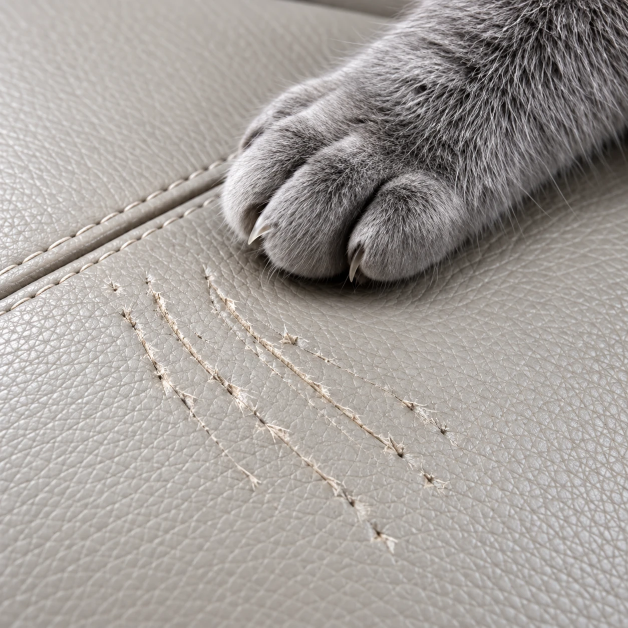 A cat's paw beside claw scratch lines in cream leather