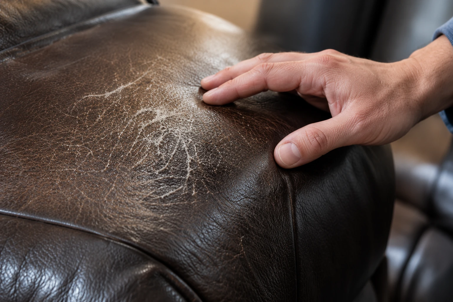 Hand resting on a scratched dark brown leather arm while reading the depth of the marks