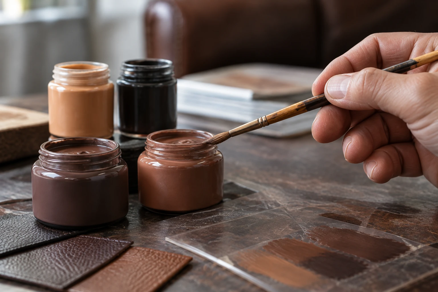 Brush and open jars of brown leather pigment beside test swatches on a bench