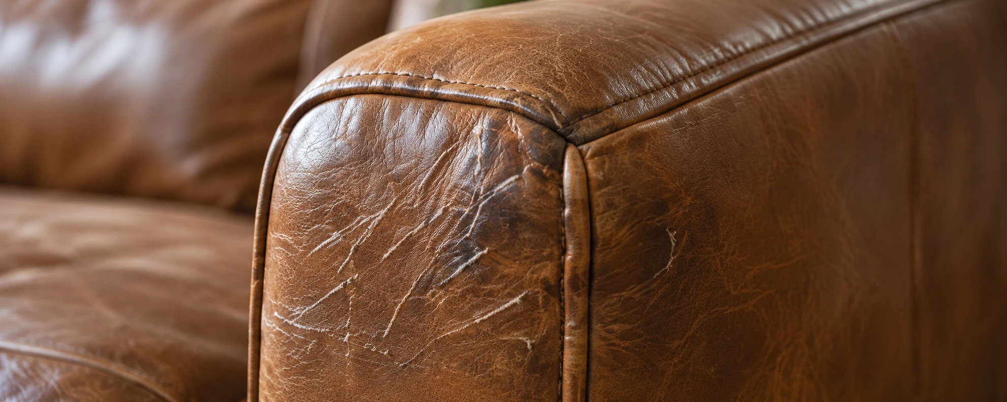 Rolled arm of a tan leather sofa marked all over with fine claw scratches