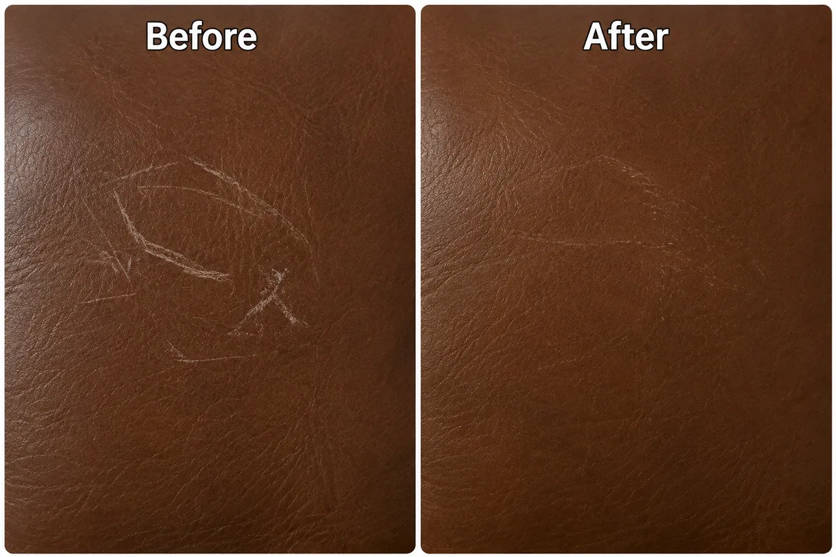 Close-up of brown leather before and after cat scratch repair, clusters of fine claw marks removed