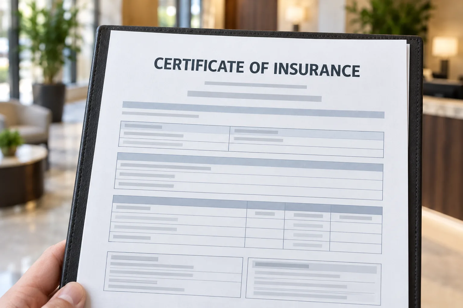 Certificate of insurance held up in a building lobby