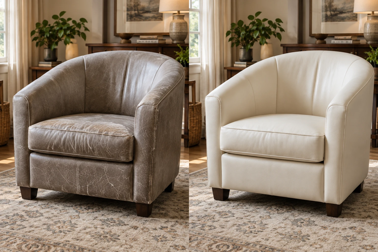 Chair reupholstery NYC before and after: a barrel chair in creased grey leather on the left and recovered in cream on the right