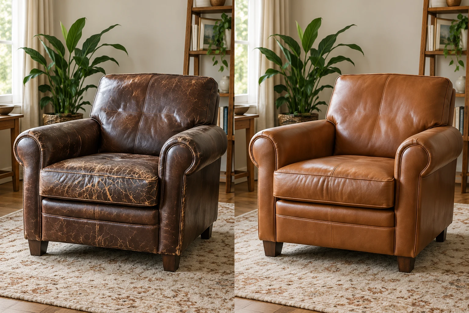 Chair reupholstery NYC before and after: a club chair in cracked dark brown leather on the left and recovered in tan on the right