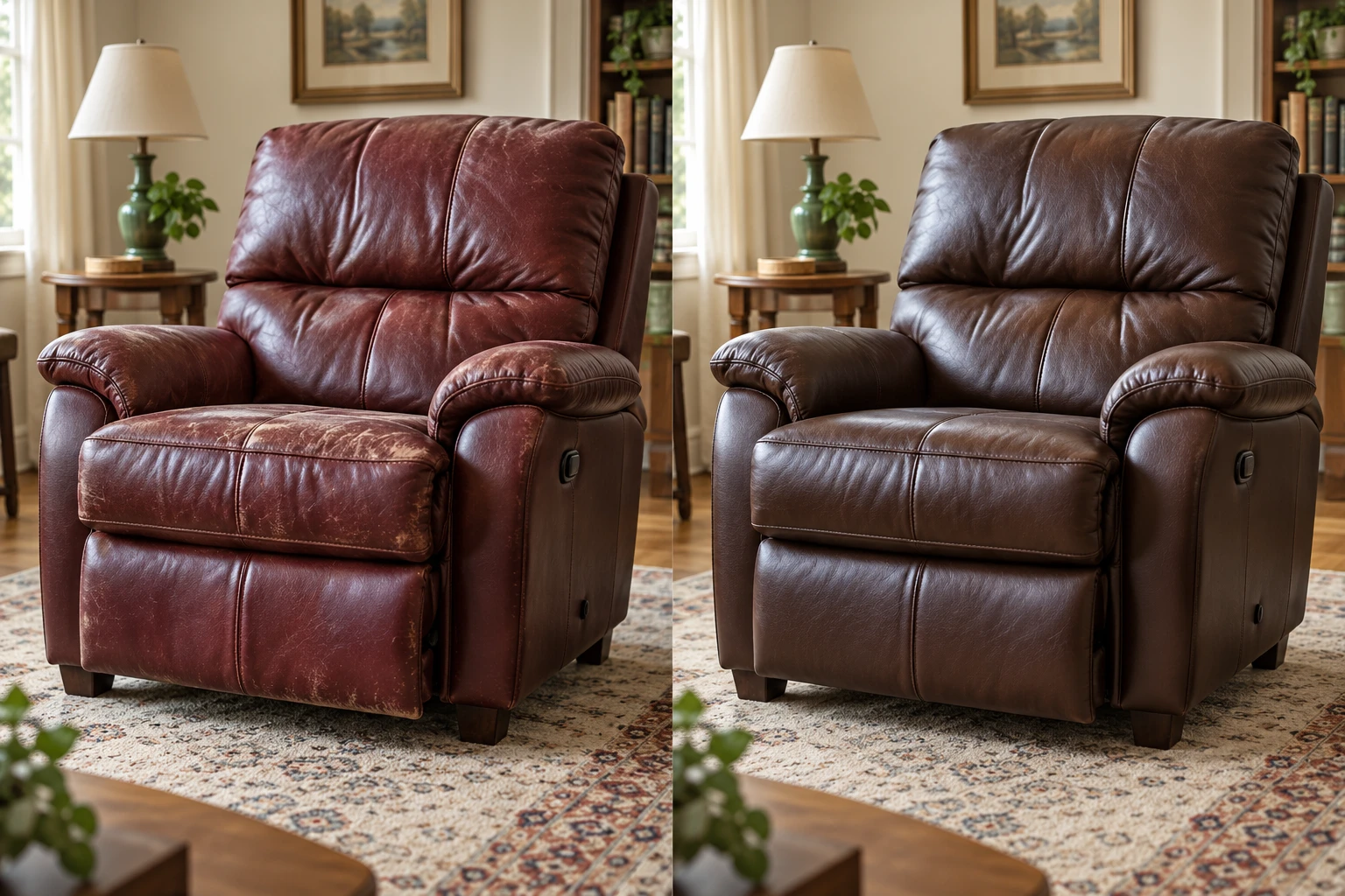 Chair reupholstery NYC before and after: a recliner in rubbed burgundy leather on the left and recovered in dark brown on the right