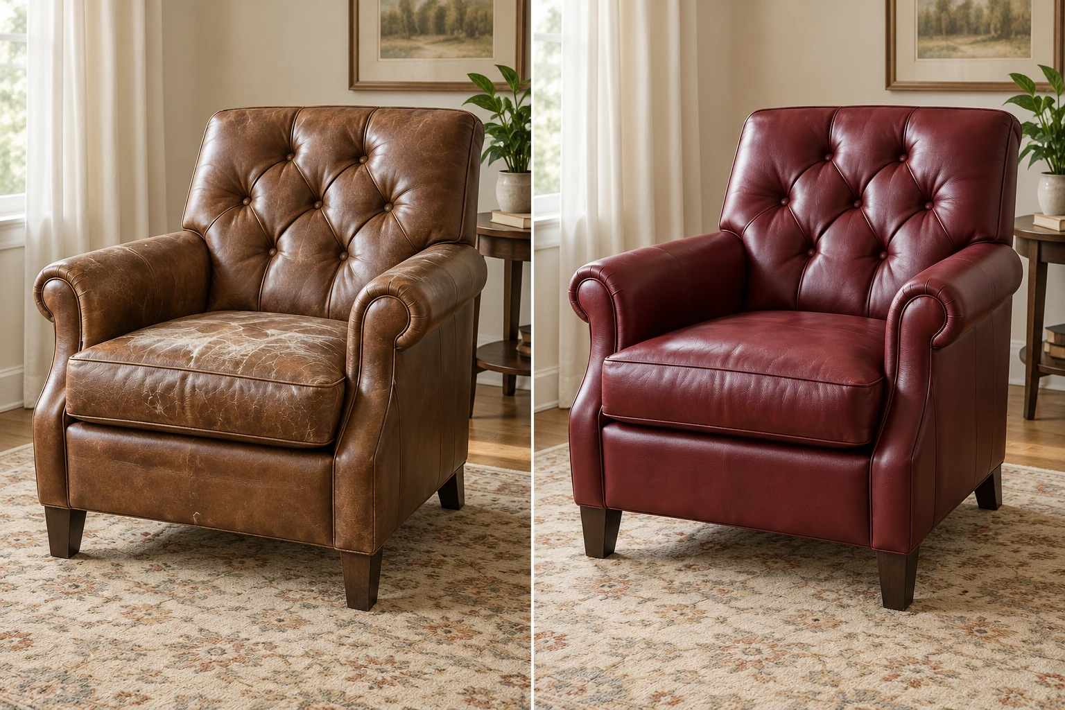 Chair reupholstery NYC before and after: a buttoned accent chair in cracked brown leather on the left and recovered in burgundy on the right