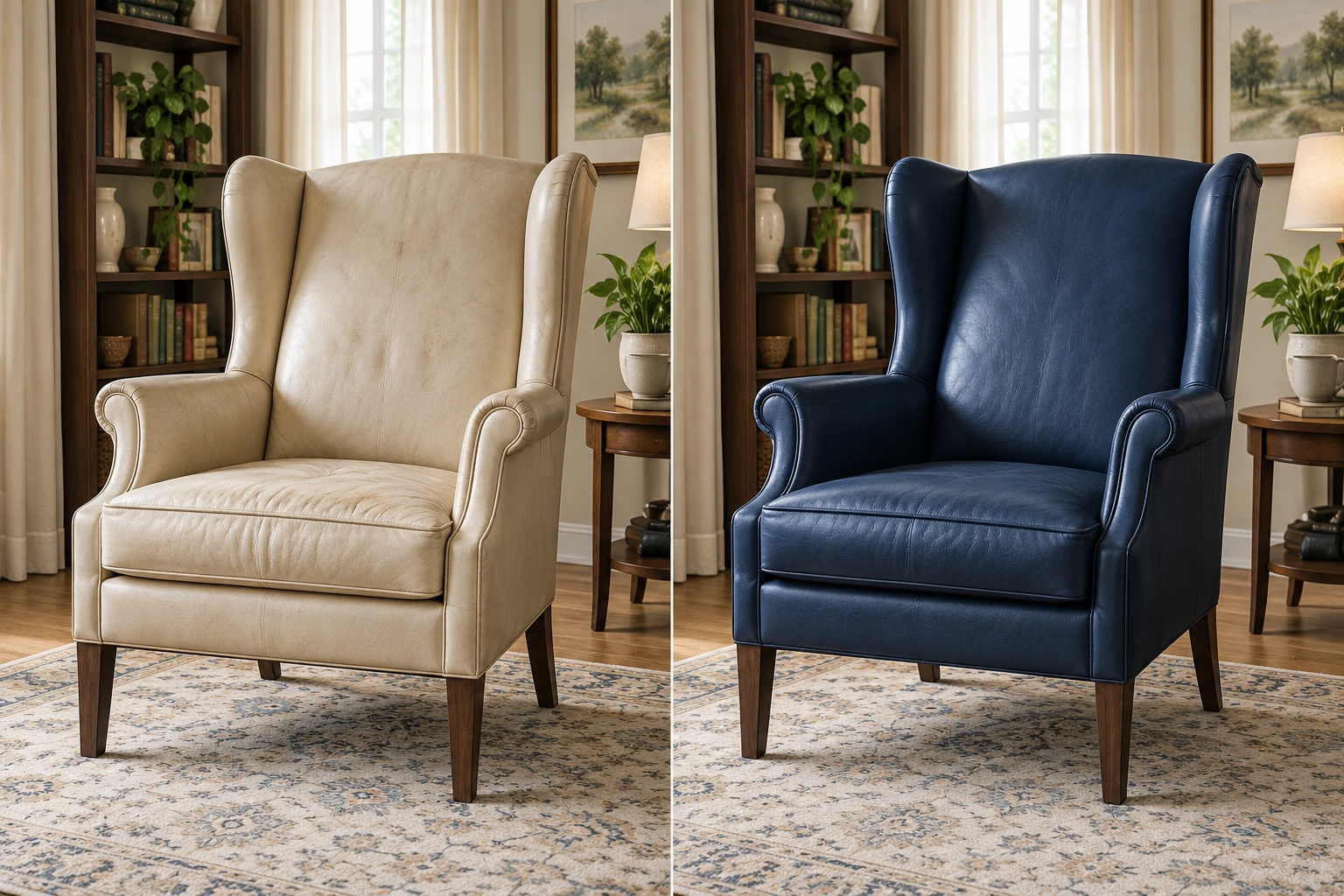 Chair reupholstery NYC before and after: a wingback chair in worn cream leather on the left and recovered in navy on the right
