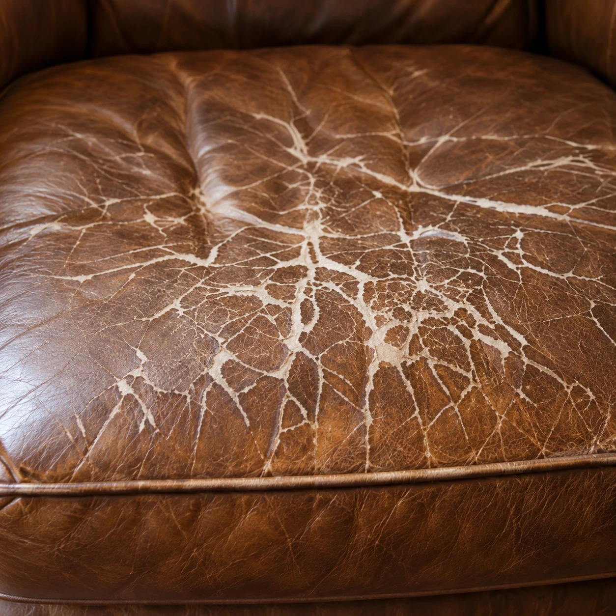 A tan leather chair seat cushion broken into a wide network of open cracks