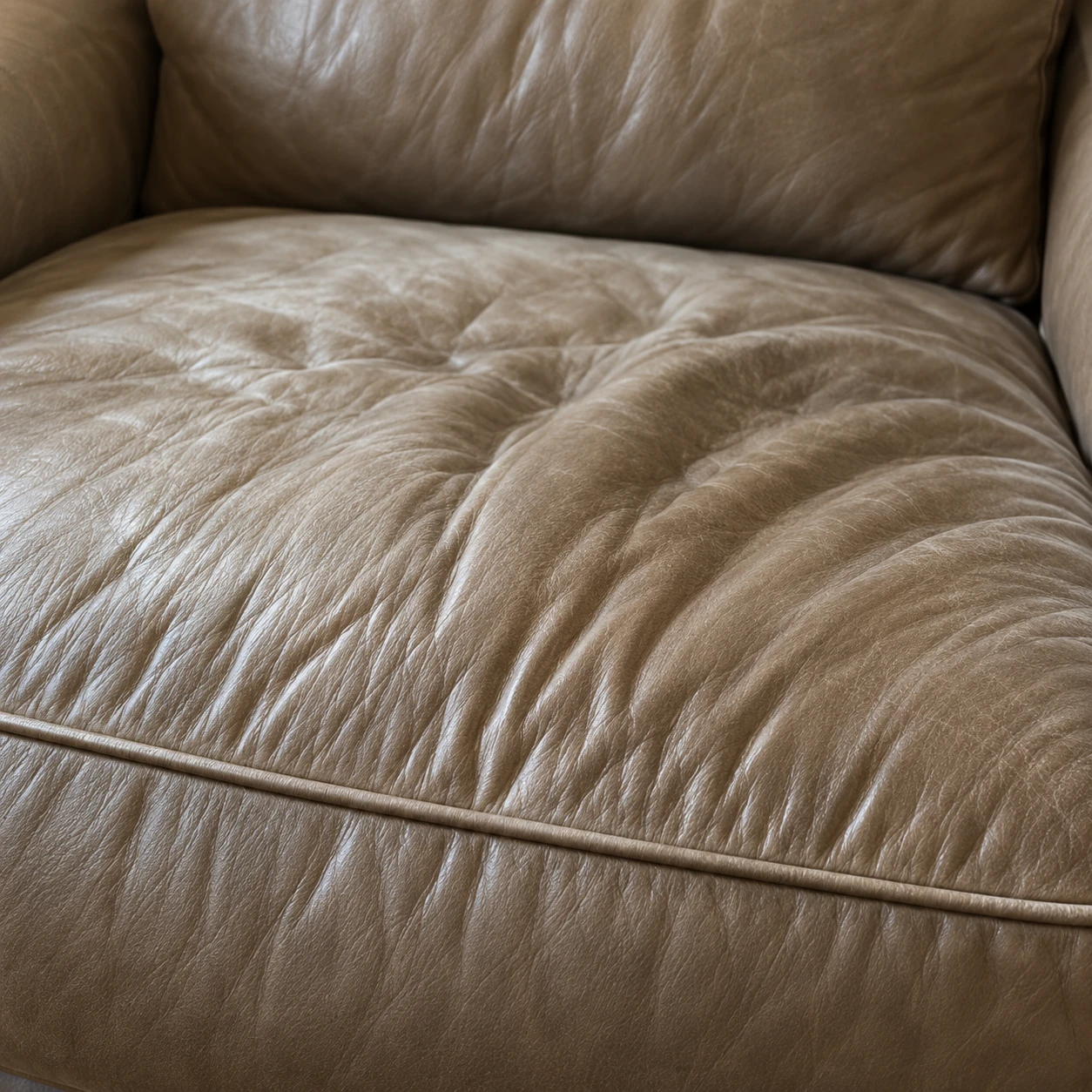 A pale beige leather seat cushion gone flat and wrinkled across the whole top