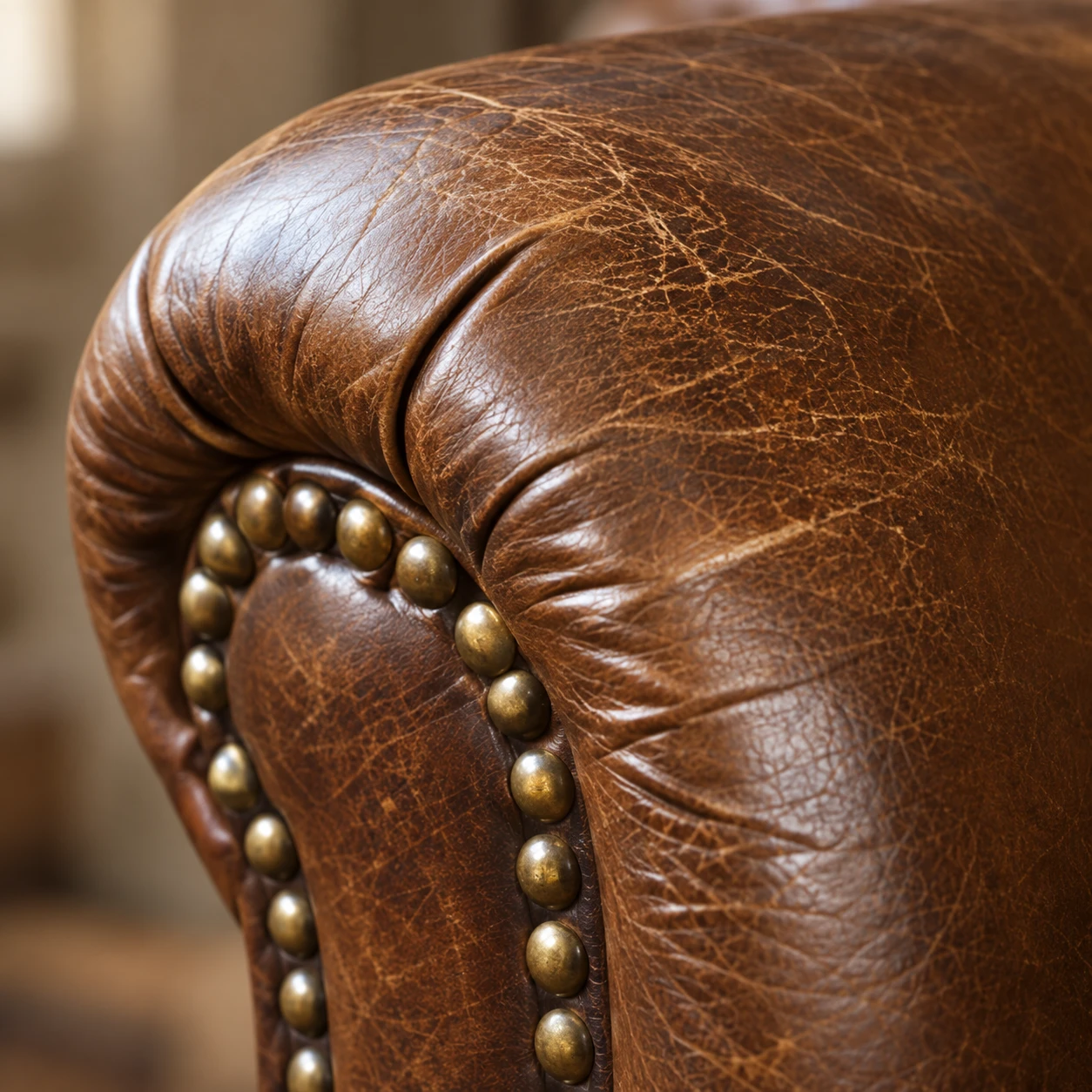 A caramel leather chair arm with brass nailhead trim, the grain even and unbroken