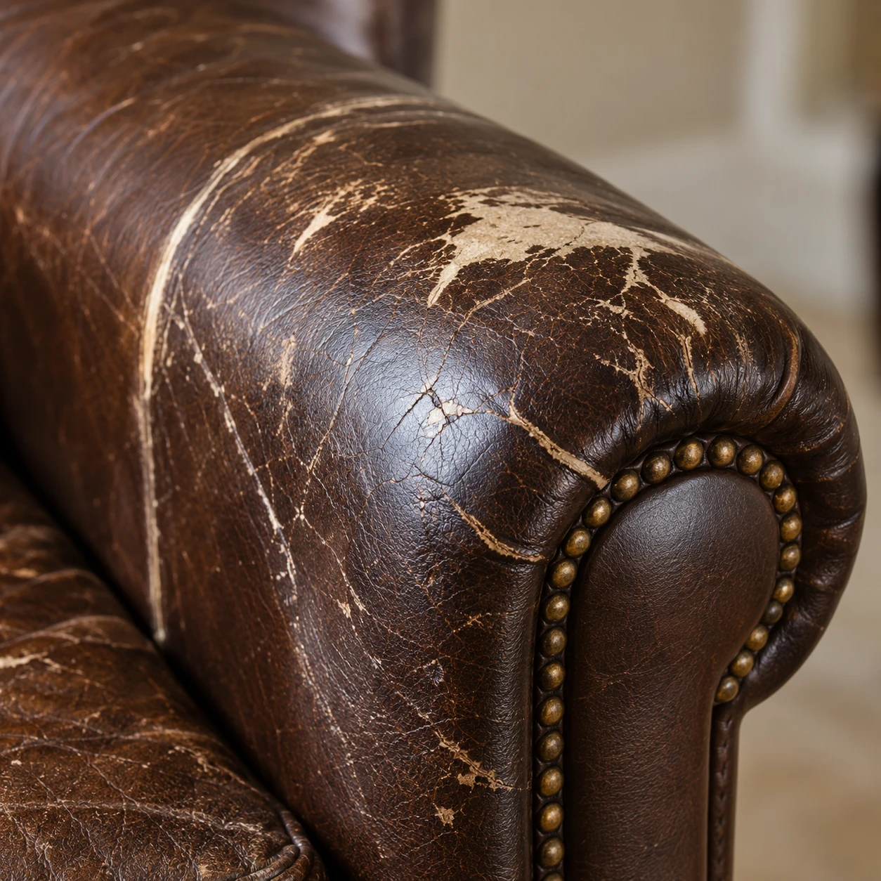 Chair reupholstery NYC: a dark brown rolled leather chair arm scuffed and cracked pale along the top
