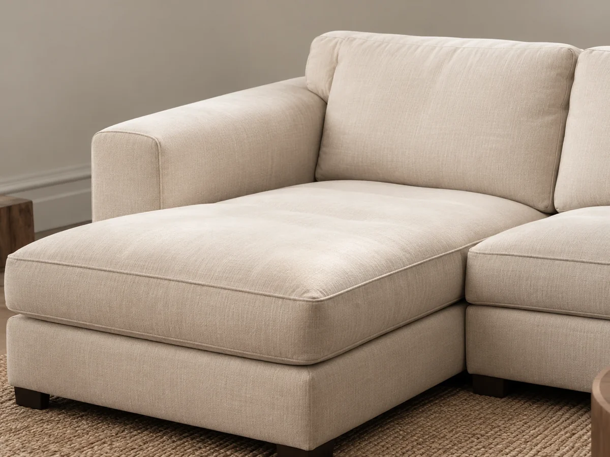 Long chaise seat cushion on a cream fabric sofa