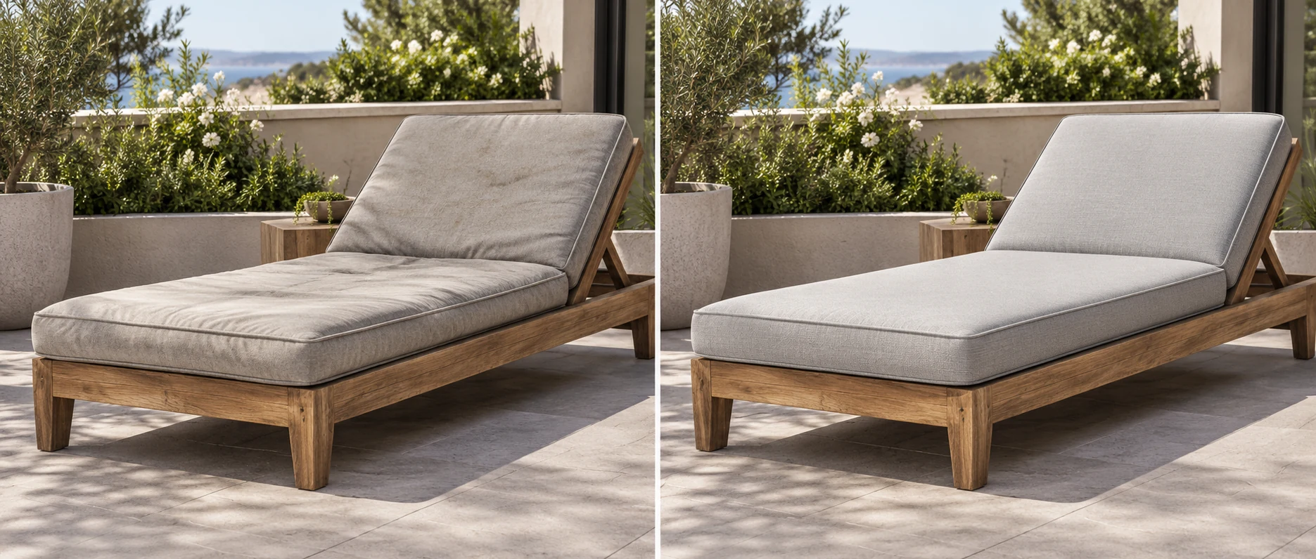 Before and after of a teak chaise lounge cushion, thin and slumped then full and even