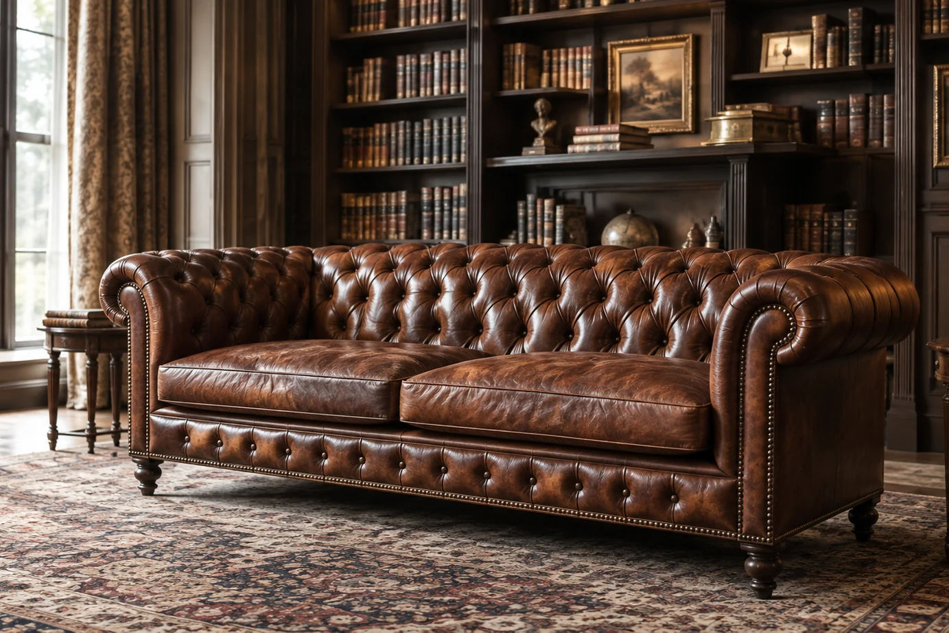 Brown Chesterfield sofa standing against fitted bookshelves
