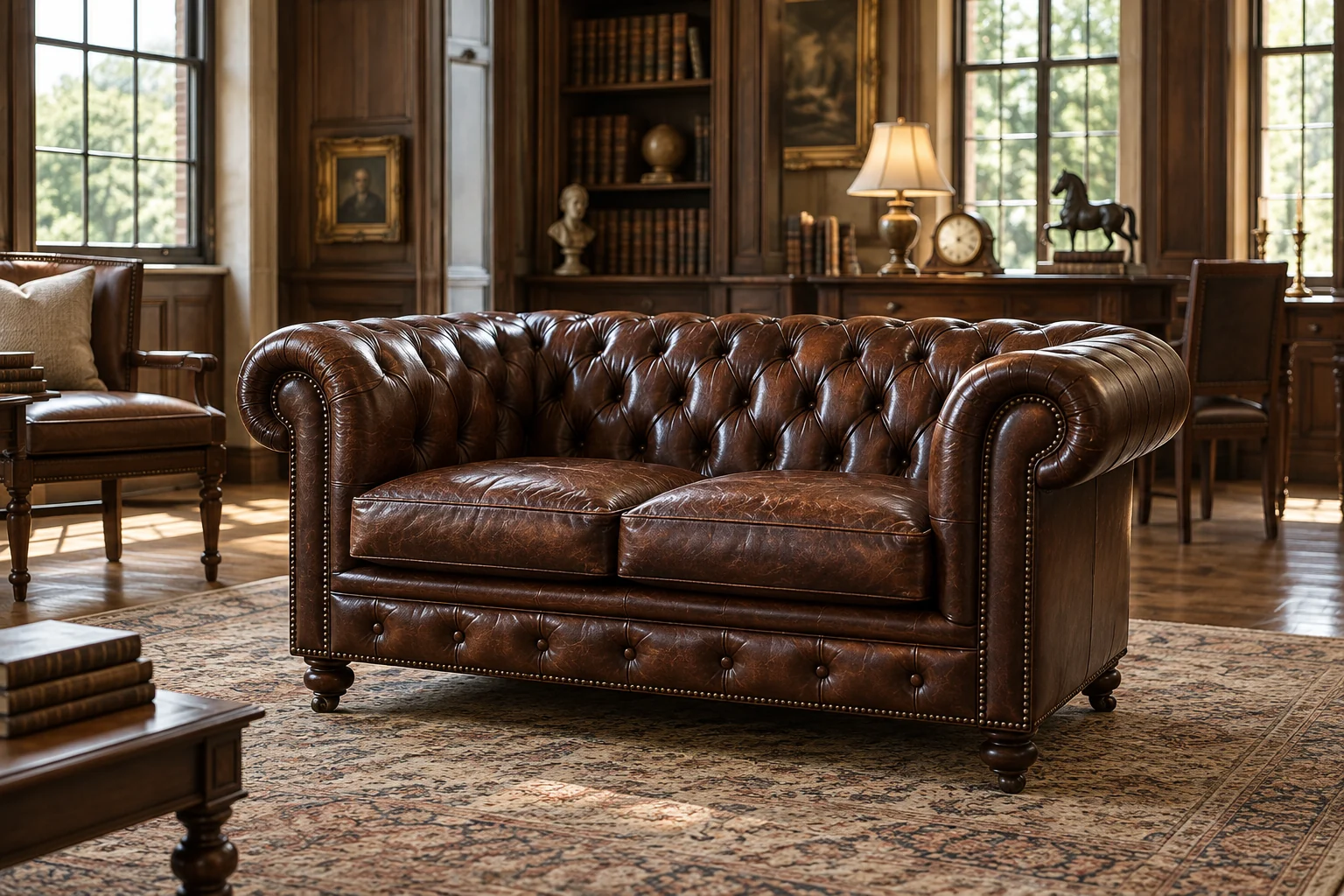 Buttoned brown Chesterfield in a bright window-lit room