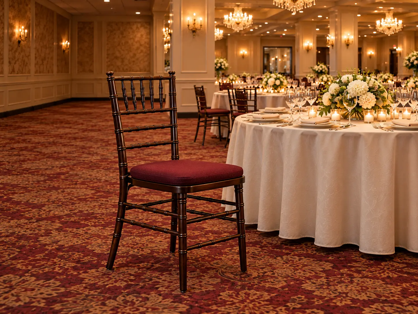 A restored chiavari chair with a wood frame