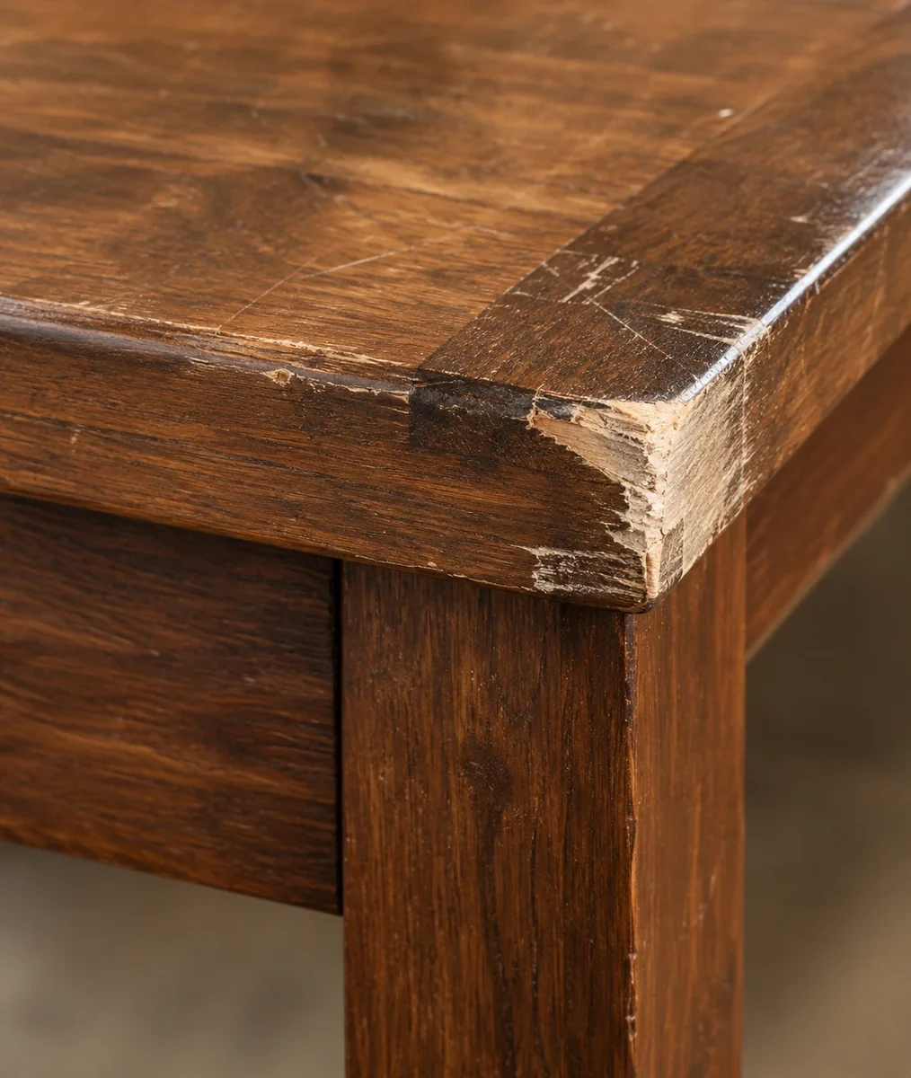 Chipped corner on a solid oak table edge with bare wood showing