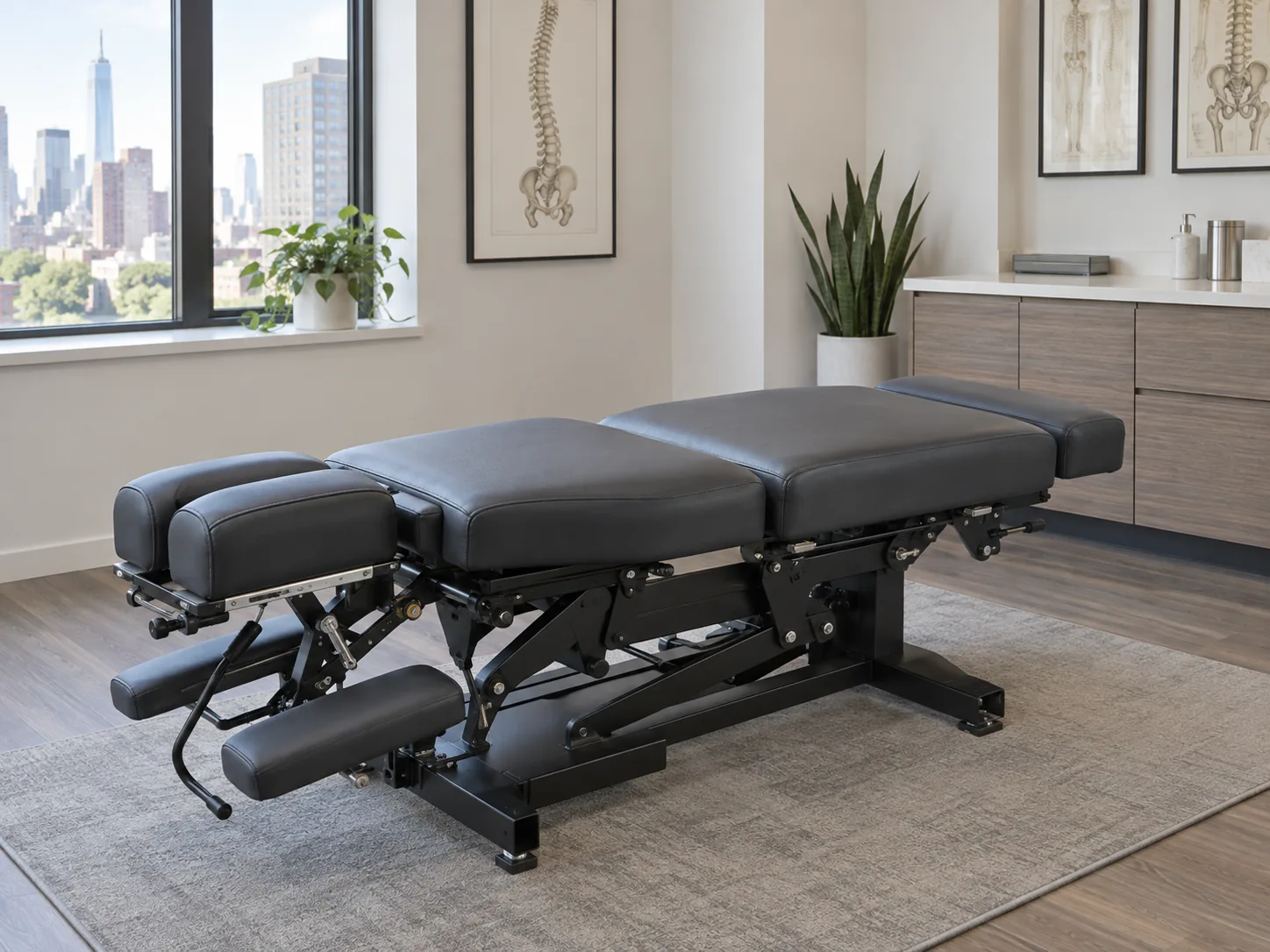 A charcoal multi-section chiropractic table