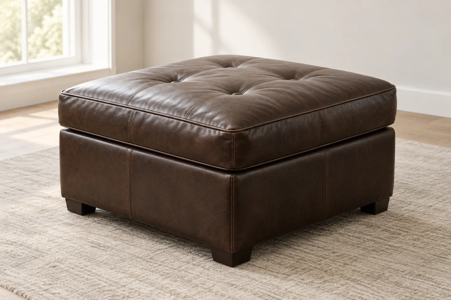 A dark chocolate brown tufted leather ottoman beside a sunlit window