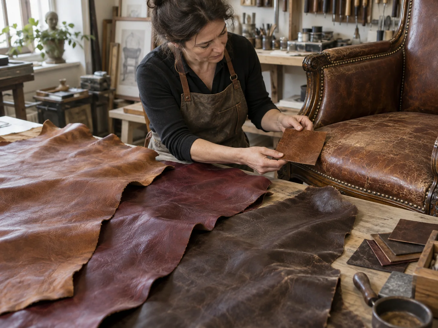 Upholsterer choosing a leather hide for a recover