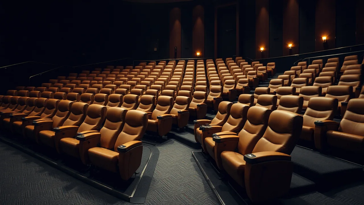 An empty cinema auditorium of tan brown leather recliner seats in curved rows on stepped risers, seen at an angle from the side aisle