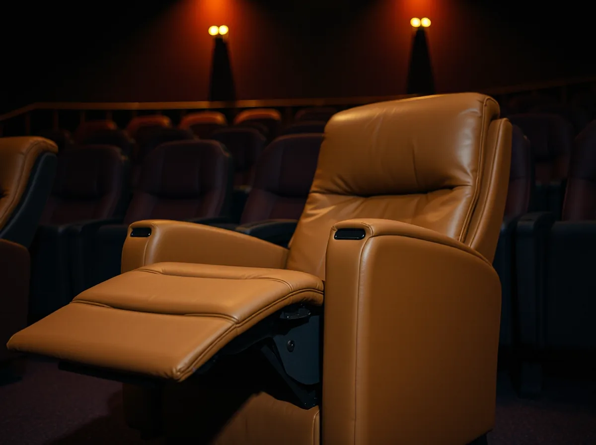 A single tan brown leather cinema recliner with its padded footrest extended forward, the covered front panel and the underside edge of the leg rest exposed
