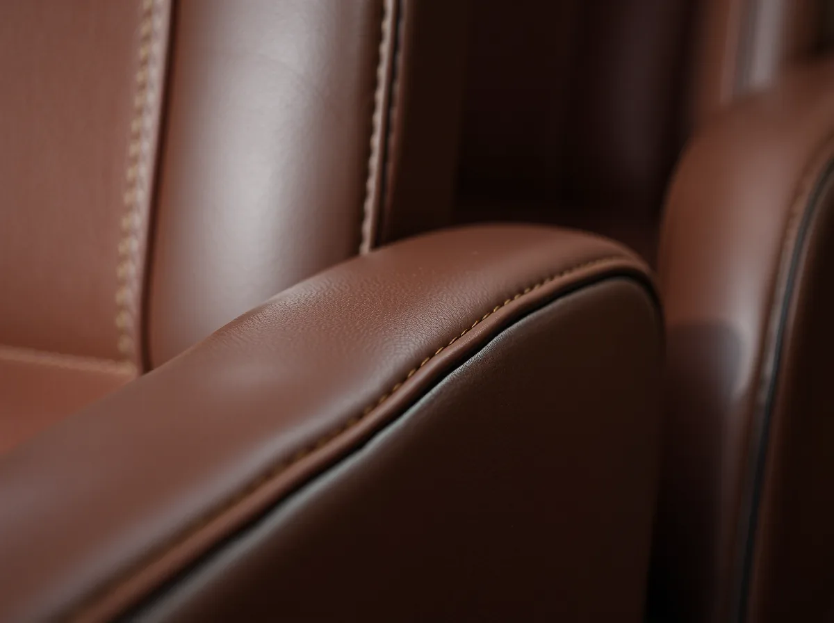The seamed back and arm of a fixed brown leather theatre seat, upholstered as a sealed unit with no access behind
